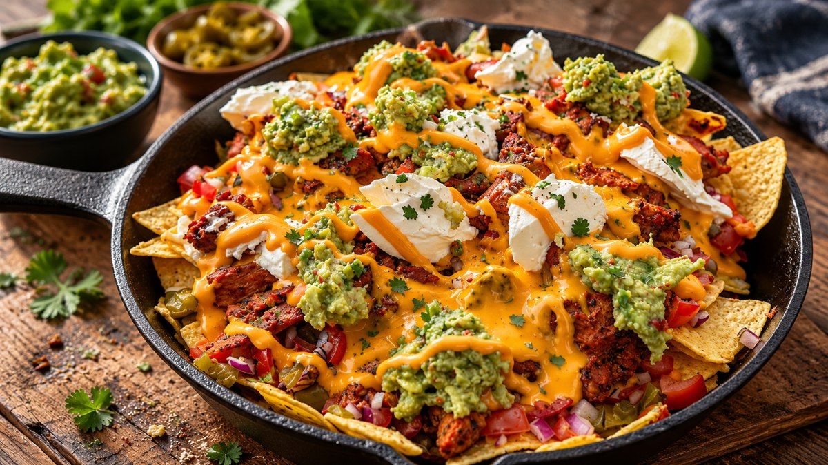 Rustieke nacho’s: Van de Kamado, met kaas en guacamole.