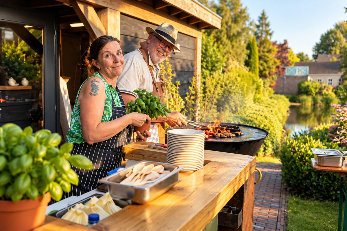 Serge en Sabine koken buiten bij de grill, met verse basilicum